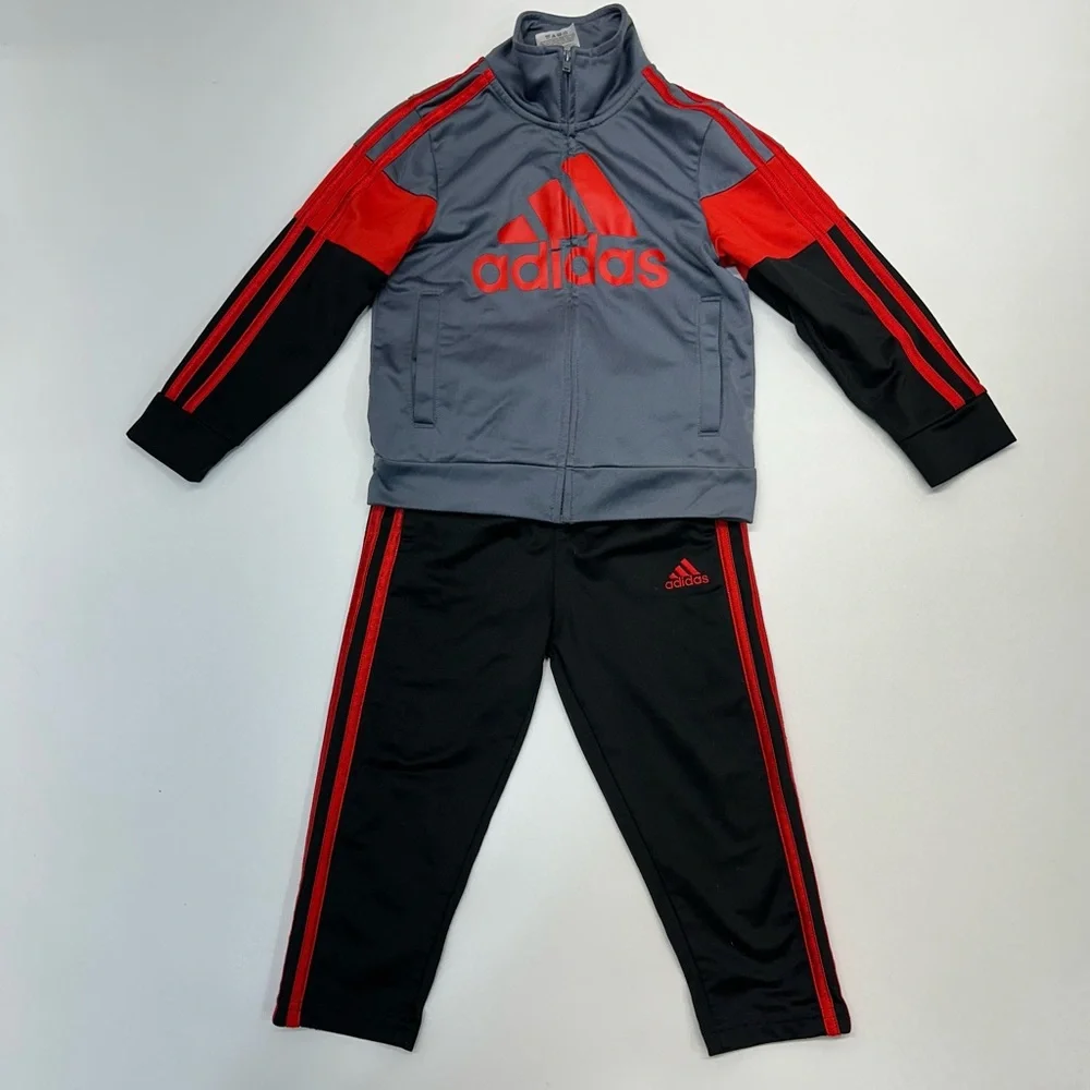 Adidas Two Piece Track Suit Pants Zip Up Jacket Black Gray Red Boys Size 3T